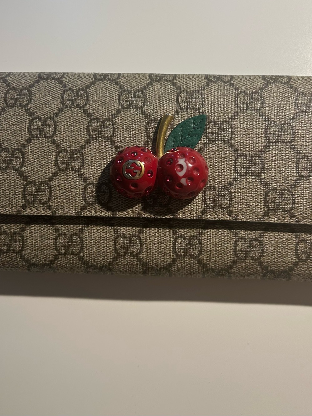 Gucci Brown GG Canvas Wallet with Red Cherry Charm